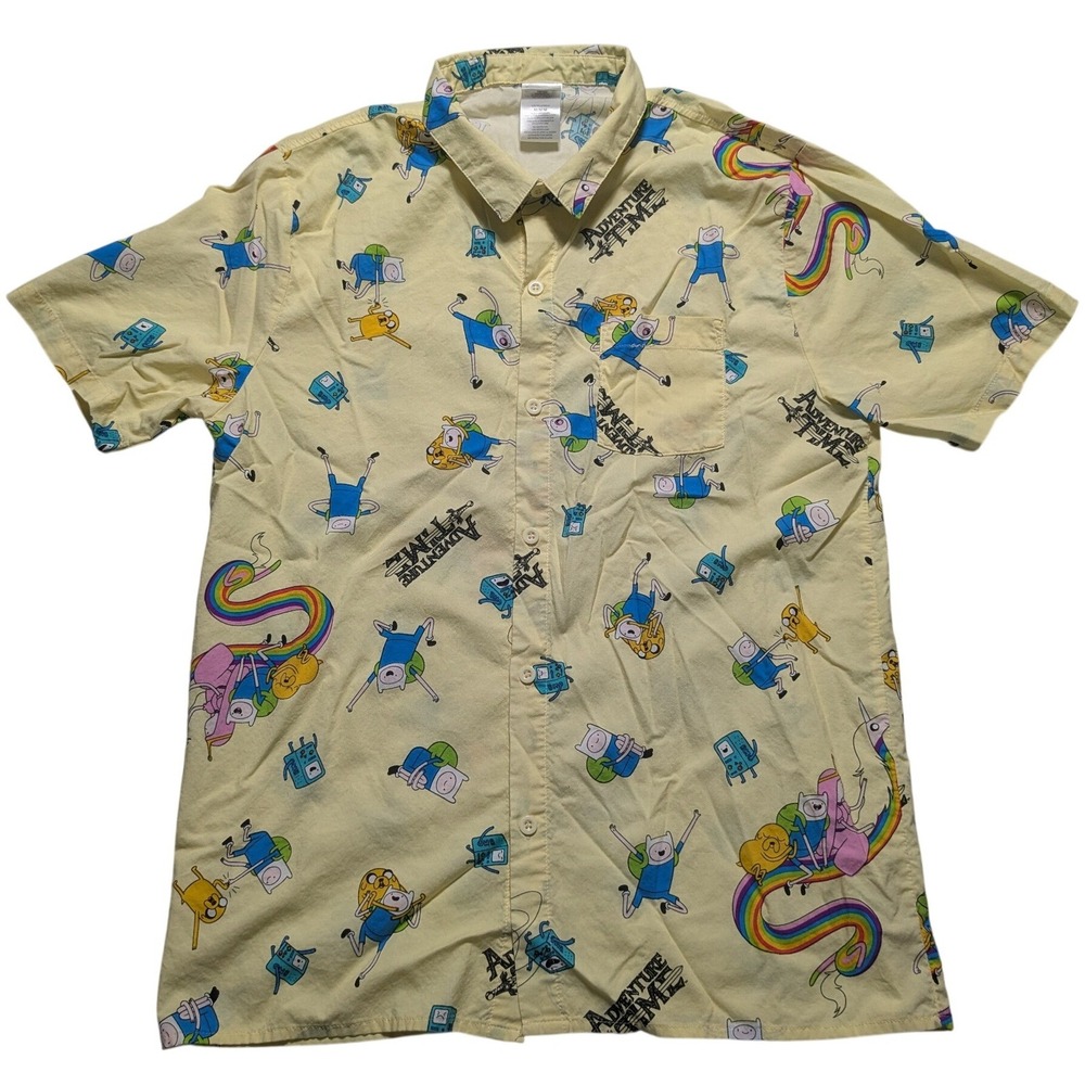 Cartoon Network Adventure Time Finn Jake BMO Yellow Button Down Shirt Mens M